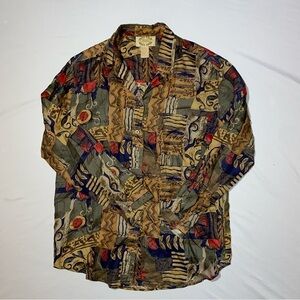 Vintage Metro Express 100% Silk Button Up Shirt Womens Size S Mod Rose Pattern